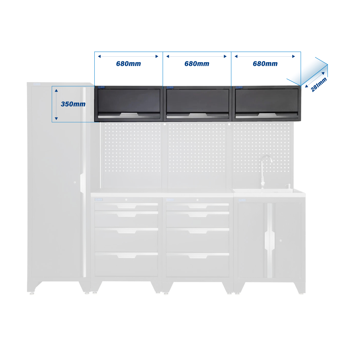 SGS 10pc Modular Garage Storage | 8 Drawers | Stainless Steel Worktop | Tall Single Cabinet | Sink Unit | 3x Upper Cabinets